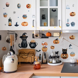 Halloween wall stickers with cute black cat, pumpkin, and ghost for home wall decoration