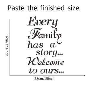 Detailed dimensions of the Family story wall quote decal measuring 38x57 cm in black vinyl