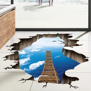 3D ocean sky landscape floor sticker with broken bridge design for home decoration