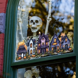 Halloween Fensteraufkleber Set mit gruseligen Schlössern und leuchtenden Kürbissen Deko