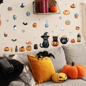 Halloween wall stickers featuring cute black cats, pumpkins, and ghosts for home decoration