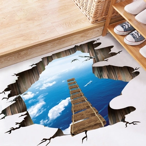 3D ocean and suspension bridge floor sticker with realistic broken ground visual effect