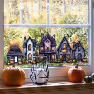 Halloween Fensterbilder mit bunten Geisterhäusern und Geistern für die Heimdekoration