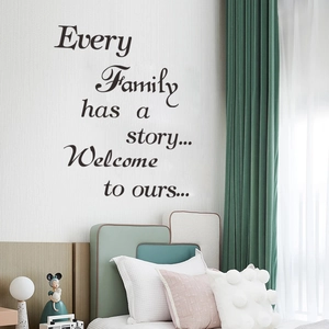 Family quote wall decal featuring 'Every Family has a story' in black artistic lettering