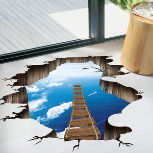 Detailed 3D floor sticker showing a blue sky abyss and a broken wooden bridge with dragons