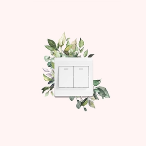 Minimalist white double switch panel with green leaf watercolor wall sticker decoration