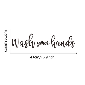 Adesivo murale Wash your hands dimensioni 43cm x 10cm in corsivo nero per il bagno