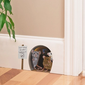 Sticker mural 3D trou de souris mignon avec panneau d'avertissement pour décor intérieur