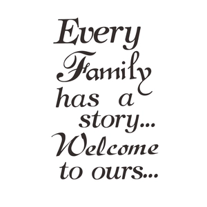 Detail of Every Family has a story wall decal with black script lettering on white base