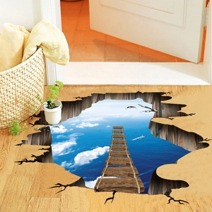 3D ocean abyss floor sticker with clouds and wooden bridge for home decoration