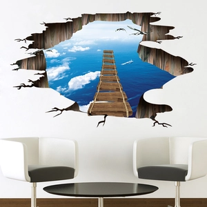 3D ocean broken wall sticker with sky, sea and bridge for home wall decoration
