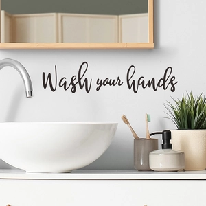 Adesivo murale Wash your hands per bagno in vinile con scritte a mano stile moderno