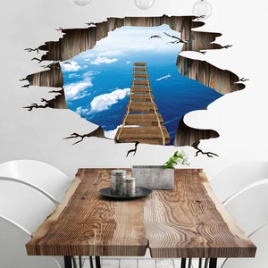 3D wall sticker with blue sky ocean and broken bridge for home wall decoration