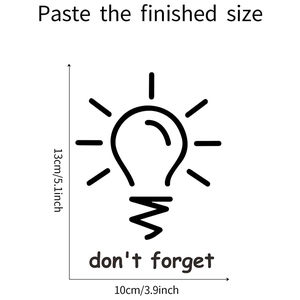Detailed size specifications for the Don't Forget light bulb wall decal measuring 10x13cm