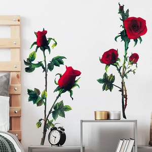 Realistic red rose wall stickers for bedroom with detailed velvet texture and green leaves