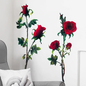 Romantic red rose wall decals for home decor with realistic long stem floral patterns