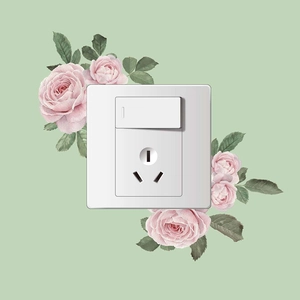 Pink rose floral wall sticker around white 86-type light switch and socket panel