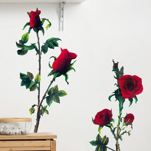 Romantic deep red rose wall stickers for living room decor with realistic 3D floral design