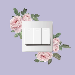Pink rose floral wall sticker decoration for a white 3-gang toggle light switch panel