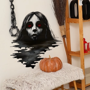 Creepy Halloween wall sticker featuring a pale ghost woman with glowing red eyes on white wall