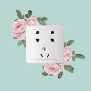 Pink rose wall sticker surrounding a white five-hole power outlet on mint green background