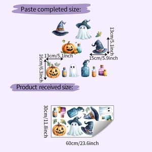 Detail view of Halloween wall sticker set showing pumpkin and ghost dimensions in cm and inches