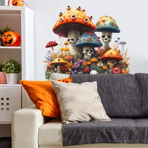 Halloween wall sticker featuring spooky mushrooms and skulls over a living room sofa