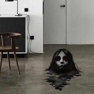 3D Spooky Halloween ghost wall decal with red eyes emerging from floor for home decor