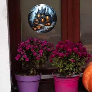 Halloween Fensteraufkleber mit Geisterhaus, Kürbissen und Fledermäusen auf Glas