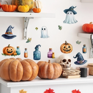 Watercolor Halloween wall stickers set with ghost pumpkin and witch hat home decor