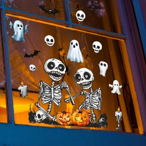 Halloween window stickers set featuring cute skeletons, ghosts, pumpkins, and bats decor