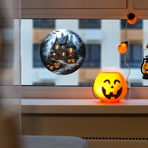 Halloween Fensteraufkleber mit Geisterschloss, Kürbissen und Fledermäusen für die Glasdeko