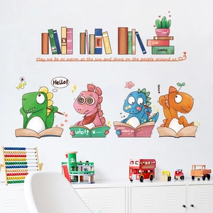 Cartoon dinosaurs reading wall stickers for kids room and preschool decoration