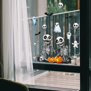 Halloween window decals set featuring skeletons, bats, and ghosts for festive home decor