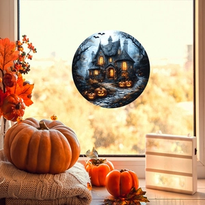 Halloween Fensteraufkleber mit Schloss und leuchtenden Kürbissen auf Glasscheibe