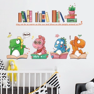 Cartoon dinosaurs reading books wall stickers with inspirational quote for kids bedroom