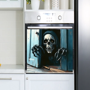 Halloween skeleton monster decal on blue wooden doors for kitchen oven and fridge decor