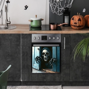3D Halloween smiling skeleton window decal for oven doors with glowing eyes and claws