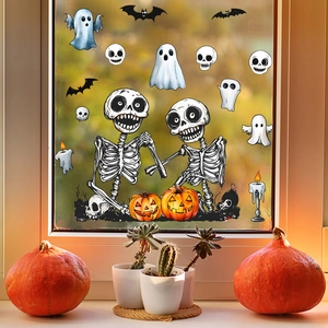 Halloween Window Stickers Skeleton Ghost Pumpkin Bat UV Static Cling Removable PVC Wall Decal For Glass Home Party Decor