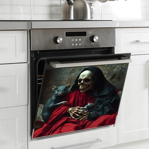 Gothic skull in red robe with rats sticker on modern white kitchen oven door