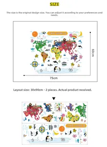 Size chart showing cartoon animal world map dimensions for children wall stickers