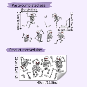 Detail of Halloween skeleton window decals showing received size and layout dimensions