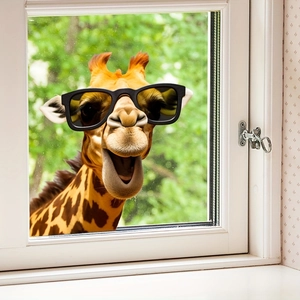Cartoon giraffe wearing black sunglasses wall sticker peering through a white window frame