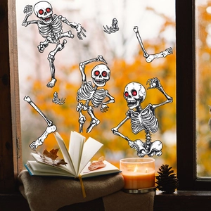 Halloween skeleton window clings set with red eyes for festive home glass decoration