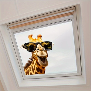 Funny 3D giraffe wall sticker wearing sunglasses looking through a white window frame