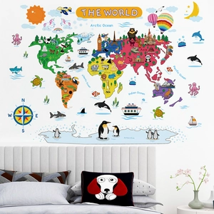 Cartoon world map wall sticker with animals and landmarks for kids room decoration