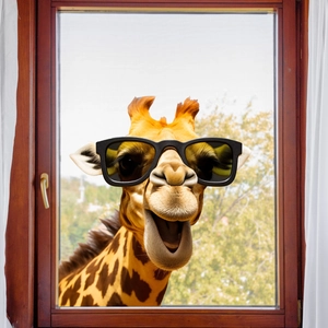 Funny giraffe wall sticker wearing sunglasses looking through a wooden window frame