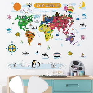 Educational cartoon world map wall sticker with animals and landmarks for kids room