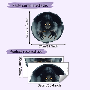 Detail showing the dimensions and layout of a spooky ghost girl Halloween wall decal