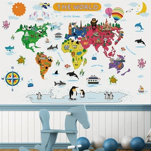 Cartoon world map wall sticker with animals and landmarks for nursery education and decor